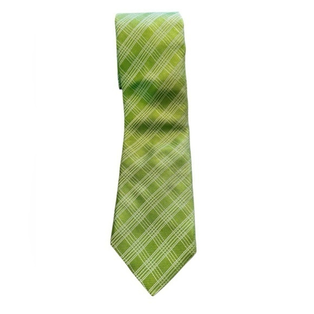 SAKS FIFTH AVENUE 100% Silk Tie - Green and White Plaid - Thick Structured Tie